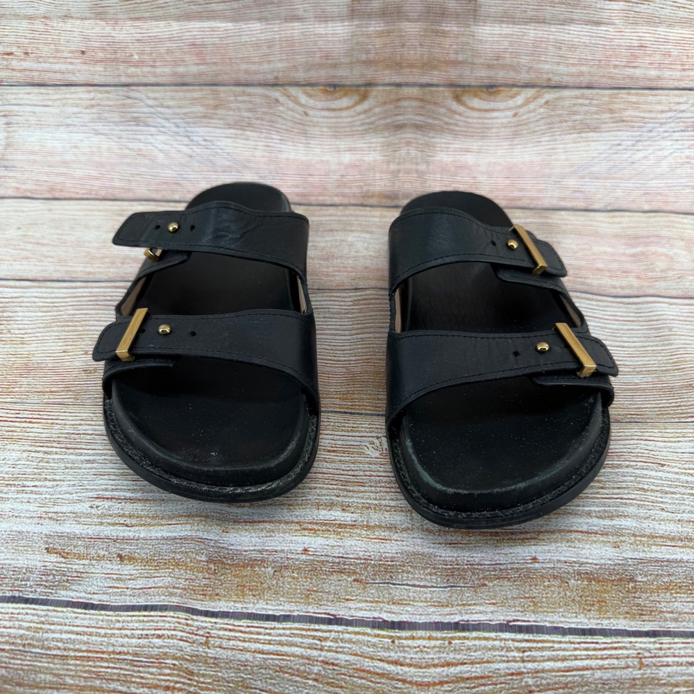 Cole Haan Marisol Footbed Sandals Black Leather Gold Buckle Slides‎ W31882 W 10 - Picture 5 of 8
